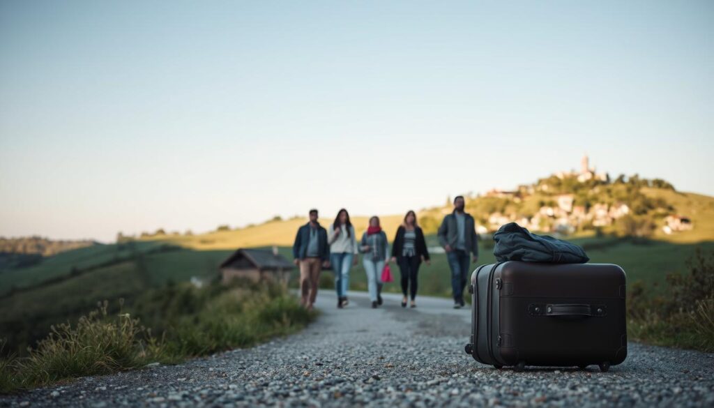 Mala pronta diante de uma paisagem natural: símbolo de uma viagem planejada financeiramente.