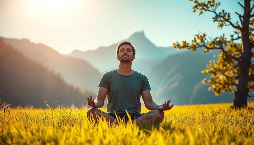 Viajante sentado em meio à natureza, meditando para aliviar o estresse durante a viagem.