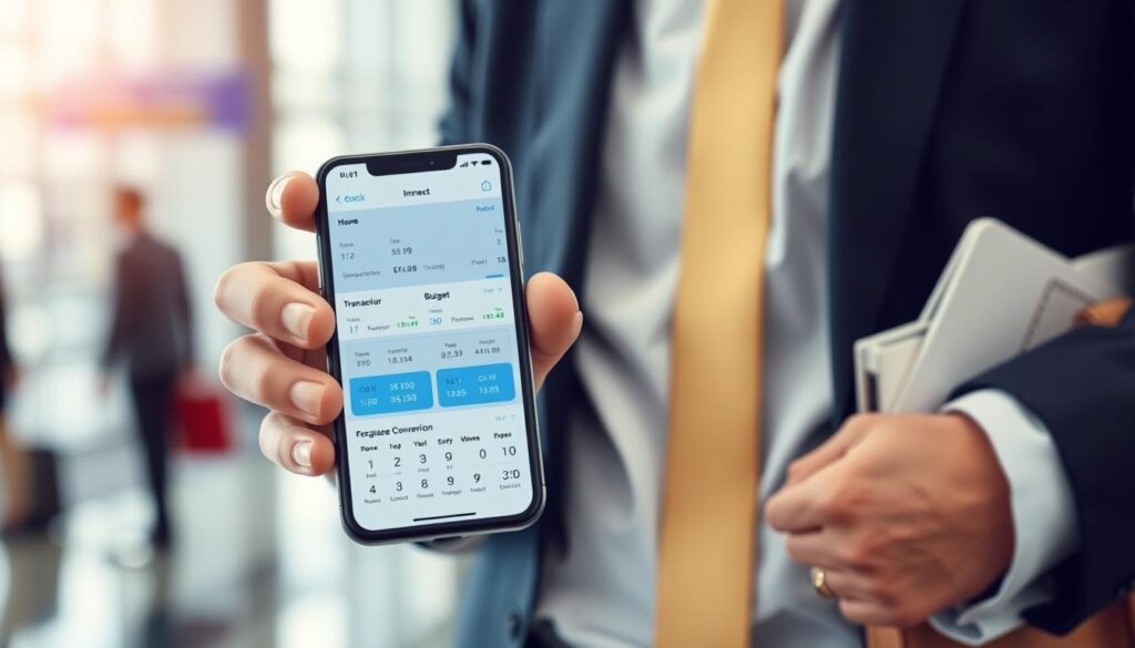 Painel financeiro exibido em um smartphone moderno nas mãos de um viajante elegante, com o fundo desfocado de um terminal de aeroporto, transmitindo organização e praticidade.