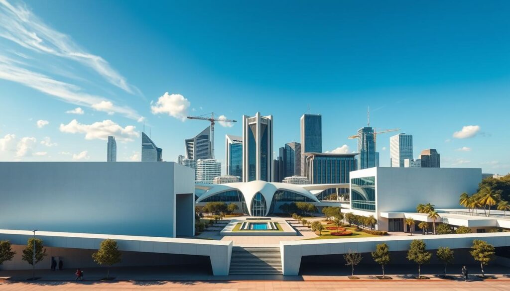 Horizonte modernista de Brasília com formas geométricas e arquitetura assinada por Oscar Niemeyer.