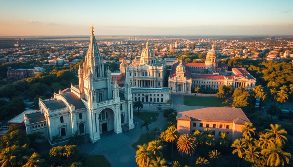 Vista aérea de monumentos históricos em Brasília, Salvador e Recife