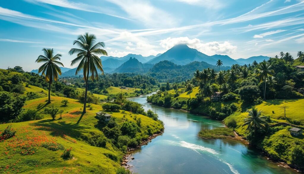 Paisagem aérea exuberante da natureza brasileira: um rio cristalino serpenteia entre colinas verdes, cercado por vegetação densa e flores silvestres. Ao fundo, montanhas imponentes sob um céu sereno completam o cenário perfeito para ecoturismo com baixo custo.