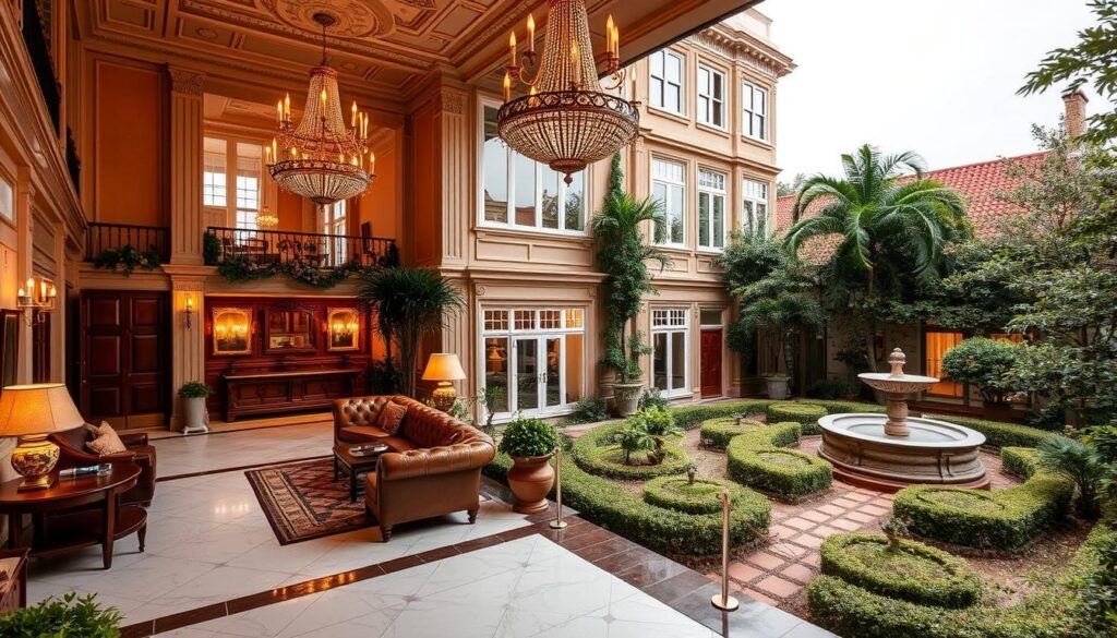 Hotel boutique em prédio histórico com ambiente sofisticado, decoração clássica e jardins tranquilos — um mergulho elegante na história e na cultura brasileira.
