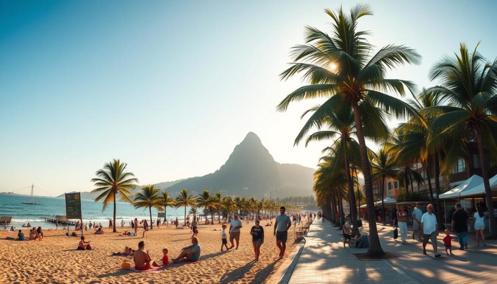 Calçadão à beira-mar no Rio de Janeiro ao entardecer, com palmeiras, banhistas e o Pão de Açúcar ao fundo.