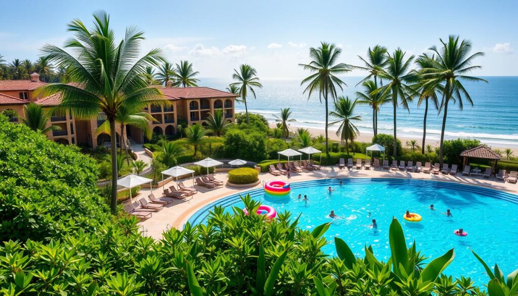 Resort tropical com piscina ampla e estrutura familiar, ideal para férias relaxantes com crianças