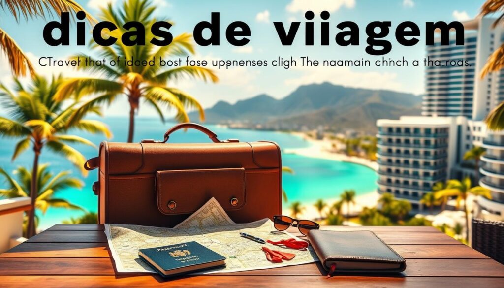Cena de viagem com mala, passaporte e praia ao fundo