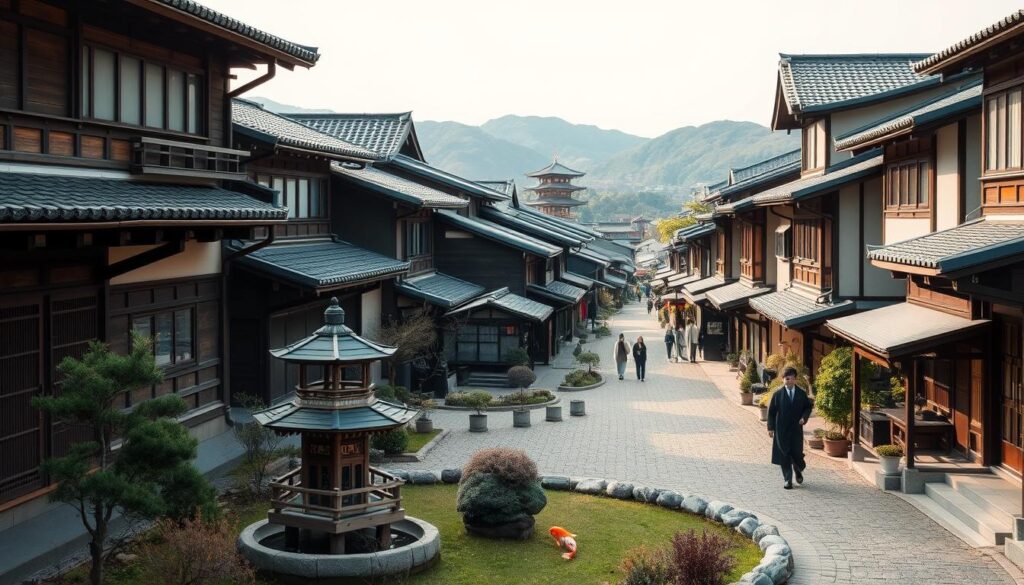 Ruas silenciosas de Kyoto com casas tradicionais de madeira e uma vibe de outro tempo. No fundo, o templo Kiyomizudera completa a paisagem nostálgica.