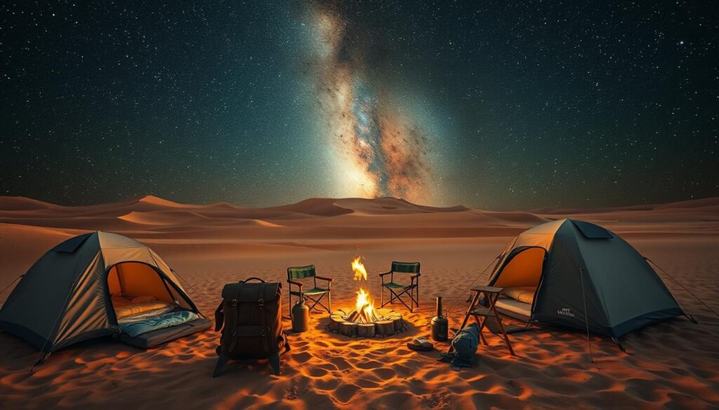 Acampamento bem equipado nas dunas do Saara, com tendas resistentes, fogueira e o céu estrelado dominando a paisagem.