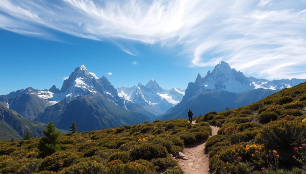 Trekker solitário nos Andes Patagônicos, rodeado por montanhas nevadas, flores silvestres e a grandiosidade serena da natureza intocada.