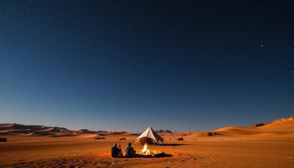Paisagem dourada do deserto ao entardecer, com viajantes reunidos em volta de uma fogueira, enquanto o céu estrelado começa a surgir.