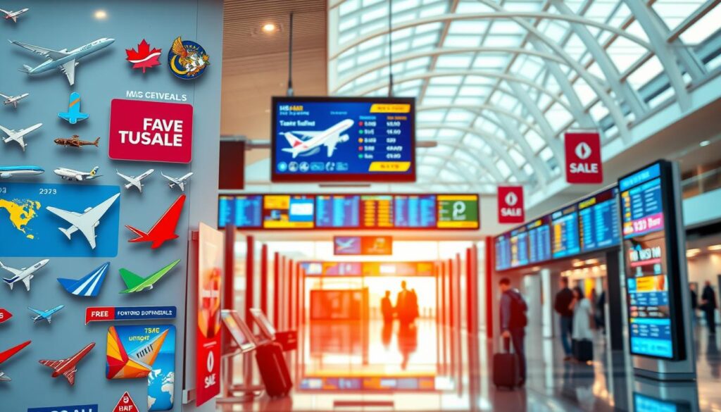 Painel digital de voos com promoções em destaque e clima agitado de aeroporto moderno.