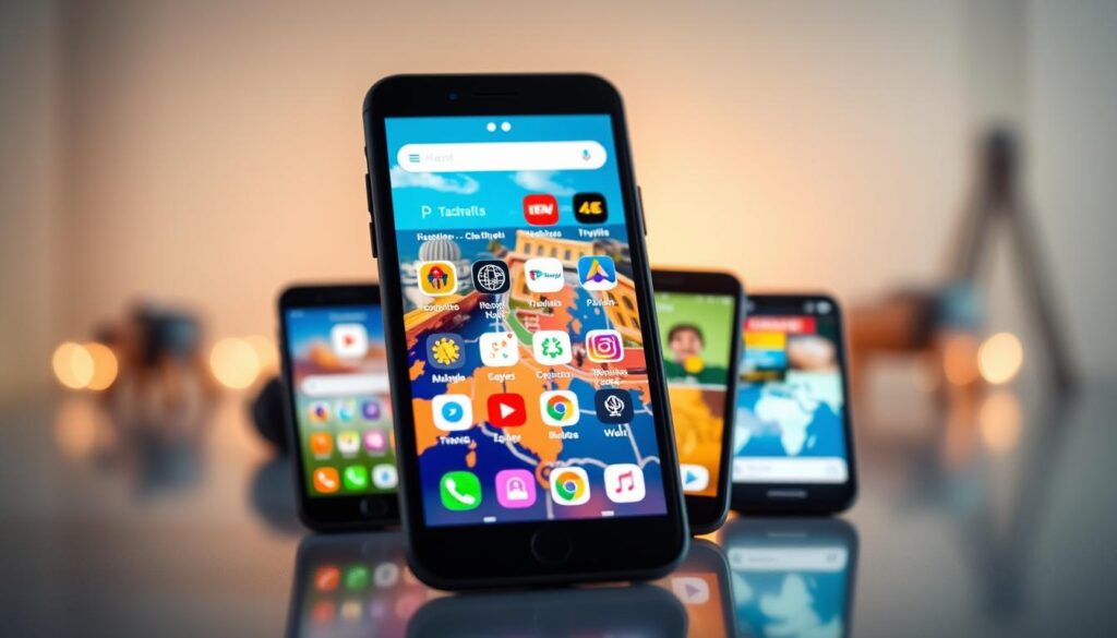 Apps de viagem em destaque na tela de um celular moderno, rodeado por uma composição minimalista e iluminada, pronta para quem está prestes a explorar o mundo.