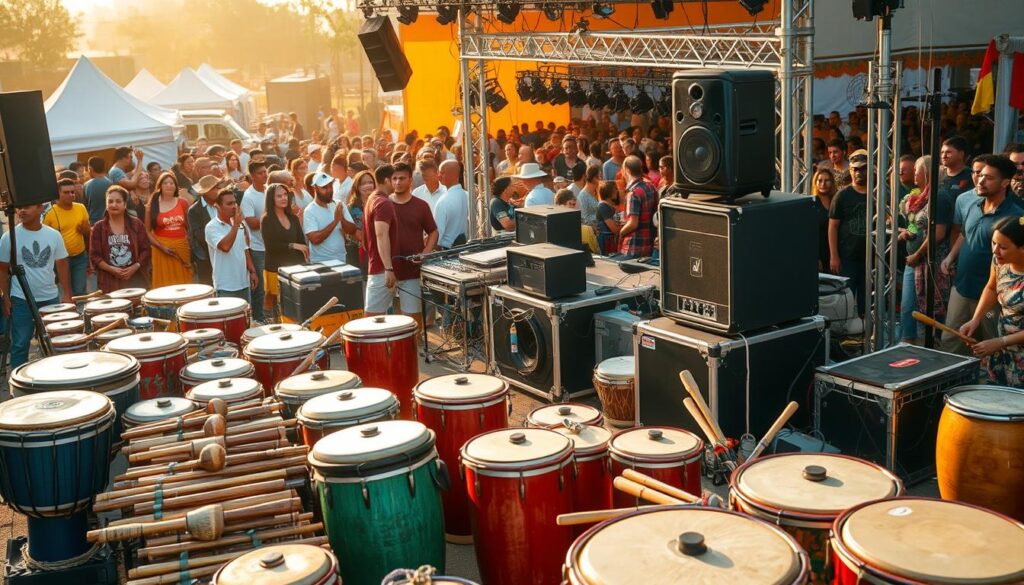 Cenário de festival ao ar livre com instrumentos musicais tradicionais e estrutura pronta para apresentações multiculturais