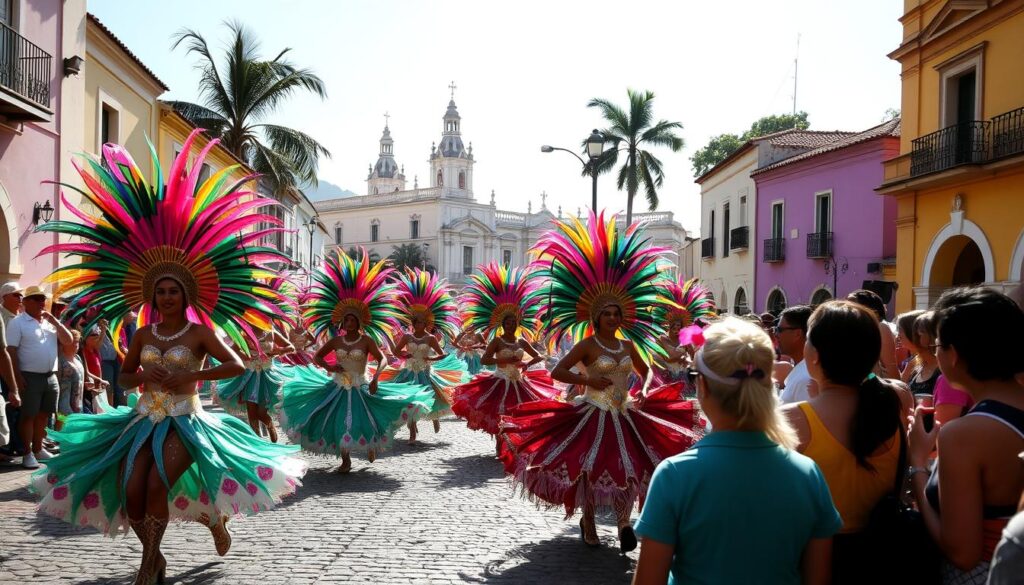 Desfile de carnaval nas ladeiras de Olinda, entre igrejas barrocas e foliões fantasiados — uma explosão de cultura e alegria.