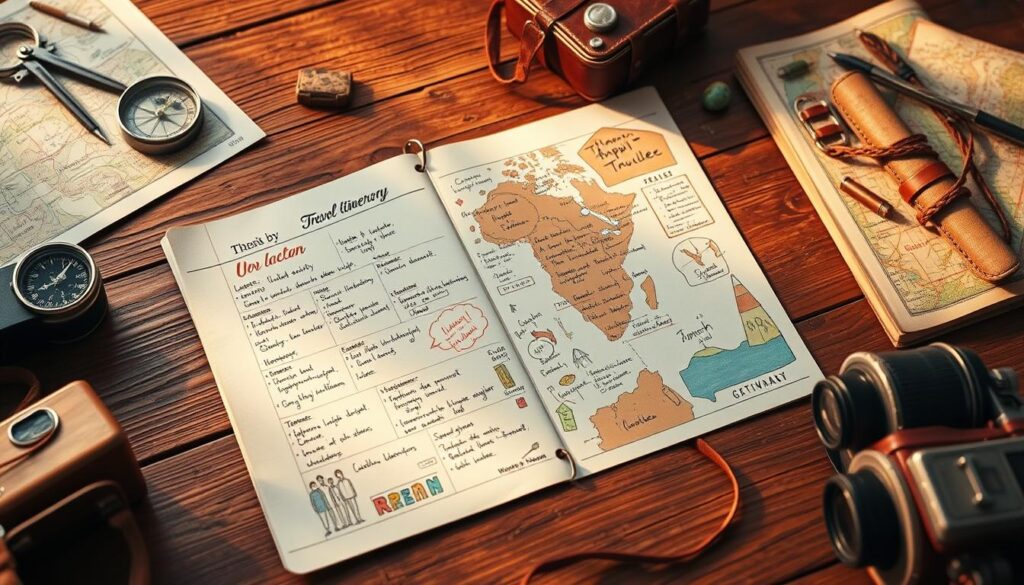 Itinerário de viagem com toque pessoal: mesa rústica, mapa, bússola e câmera prontos para a aventura.