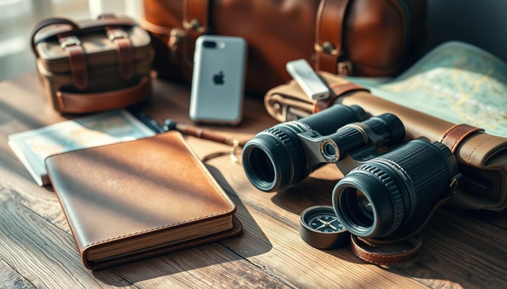 Ferramentas de viagem essenciais sobre uma mesa rústica, transmitindo a sensação de aventura e planejamento bem feito.