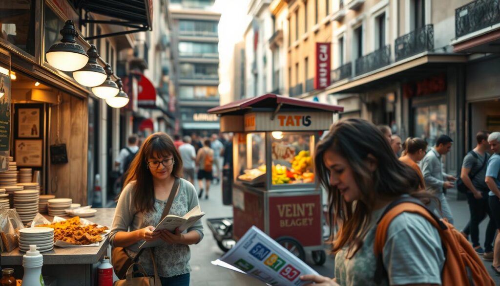 Turistas descobrindo sabores locais em barraquinhas de comida de rua em uma cidade vibrante.