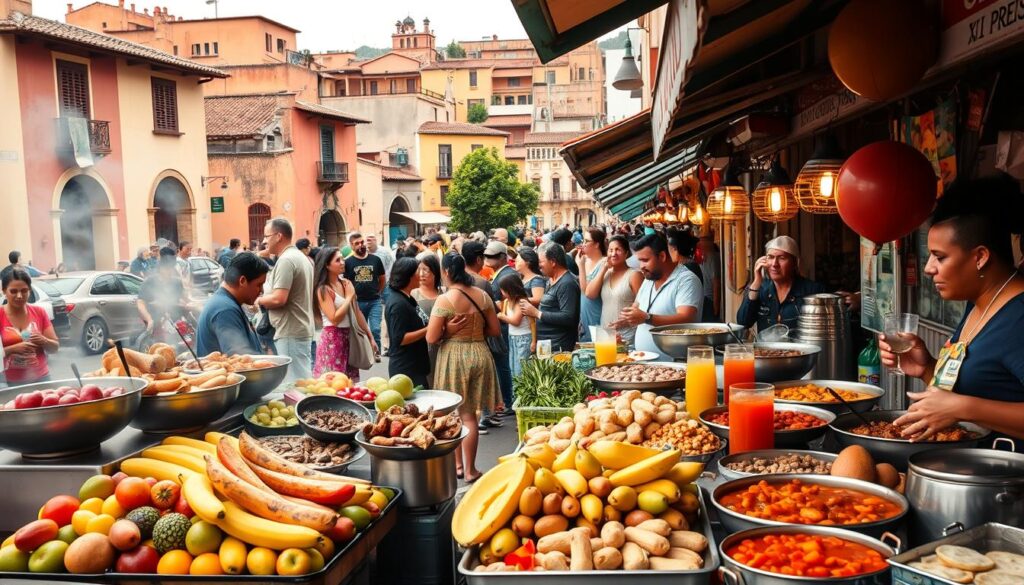 Cena vibrante de rua com aromas intensos, frutas tropicais, carnes assadas e caldeirões fumegantes — o Brasil servido em cores e sabores.