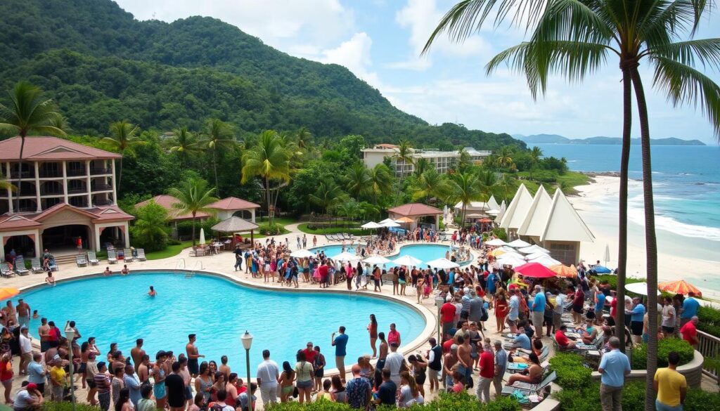 Área comum de resort lotada, com filas e pouca conexão com a paisagem local — mostrando os desafios de alguns all-inclusive
