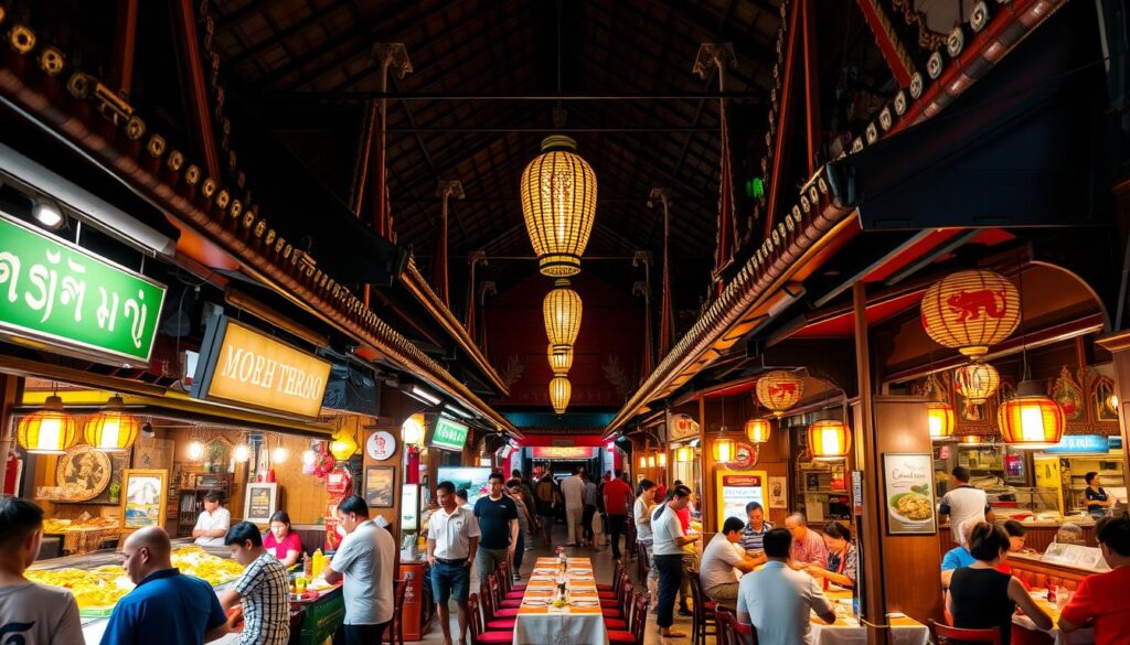 Restaurantes tailandeses autênticos em Bangkok, com arquitetura tradicional, cores vibrantes e pratos cheios de aromas marcantes que encantam os visitantes a cada garfada.