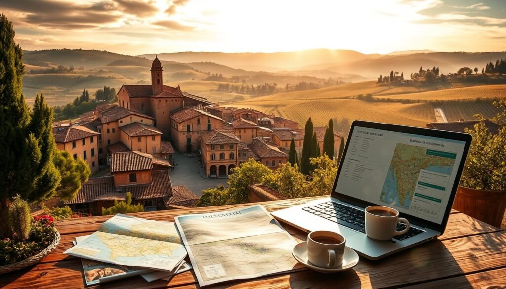 Cidade medieval charmosa entre colinas da Toscana, com ruas de pedra e clima de filme. A mesa com mapa, laptop e café mostra aquele momento gostoso de planejar a viagem dos sonhos.